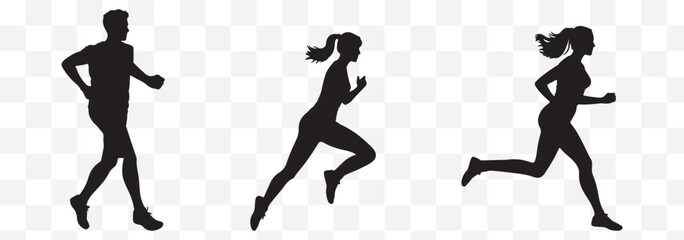 Run, set of running people, isolated vector silhouettes. Group of men and women runners eps 10
