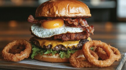 A towering burger with a fried egg, bacon, lettuce, and cheese, served with crispy onion rings.