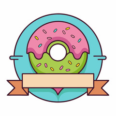 Cute donut illustration with pink and green glaze and blank banner