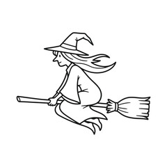 Flying witch riding broomstick in Halloween night flight – Vector Illustration