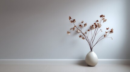 Minimalist neutraltoned dried floral bouquet in simple ceramic vase with copy space on right side