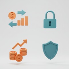 Financial growth symbols with coins, graphs, lock, and shield icons  