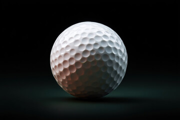 Close-up of a Dimpled Sphere: Golf Ball on a Plain Surface, showcasing its texture against a dark background with dramatic lighting.