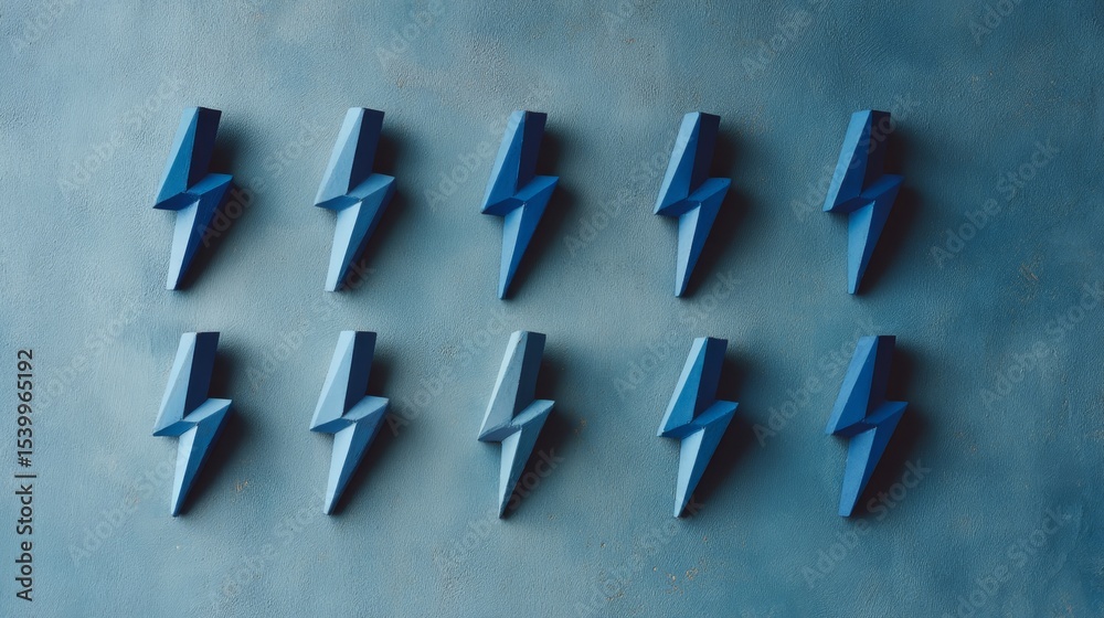 Poster straighton composition of ten electric blue lightning bolt decoratives on dark textured background w