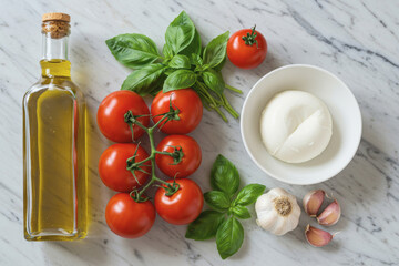 Fresh ingredients for a classic Italian salad featuring tomatoes, basil, and mozzarella on a marble countertop. Generative AI