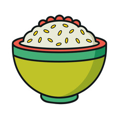 Cartoon illustration of rice in a colorful bowl for menu designs