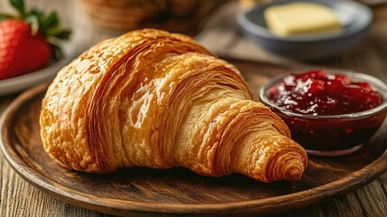 A warm croissant, flaky and buttery, served with a side of strawberry jam and butter on a rustic breakfast table.