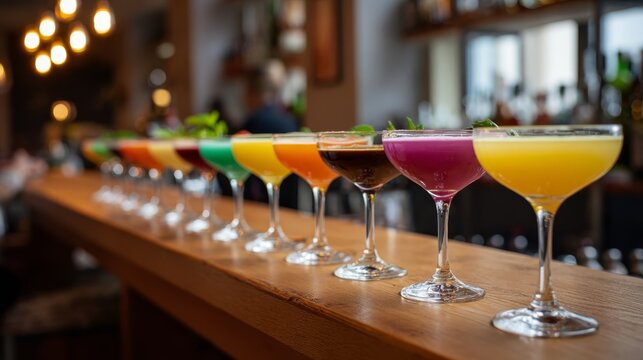 Colorful cocktail glasses with fruit garnishes on wooden bar counter in soft party lighting with copy space
