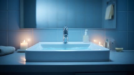 Fototapeta premium Modern rectangular bathroom sink with chrome faucet surrounded by glossy tiles and ambient lighting with copy space on right