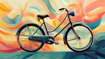 Fototapeta premium A vintage bicycle in exaggerated colors, with motion lines and a backdrop of vibrant, abstract patterns.
