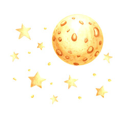 Cute yellow full moon with stars watercolor illustration for kids design. Isolated hand drawn selestial satellite. Decoration element for for design of baby fairy dreams. Clipart for childrens theme.