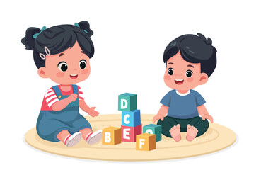 Asian Sister Playing Bricks with Little Brother – Cartoon Vector Illustration