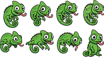 vector illustration of chameleon  vacillator lizzard reptile cute simple funny cartoon mascot character cartoon with 8 poses 02