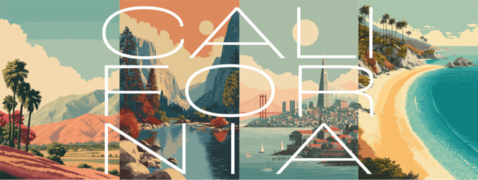 Naklejki California vintage style travel poster set. Collection of scenic art deco retro tourism illustrations