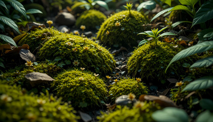Lush Green Moss and Delicate Yellow Flowers in Forest