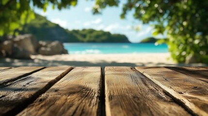 Summer vibes of Empty rustic wooden table sets the scene for a breathtaking tropical beach background. An ideal paradise background for summer product displays, vacation mockups, travel promotions.