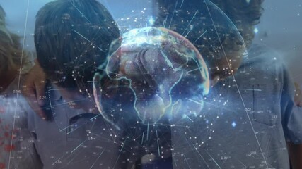 Students grouping on pulse around lab table and studying hologram Earth with data lines and numbers - Powered by Adobe