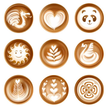 Set of Creative Latte Art Designs in Coffee Cups