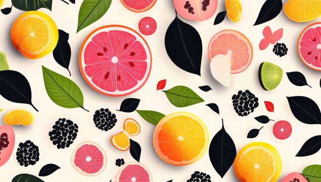 Colorful fruit slices and leaves pattern