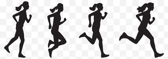 Collection of black silhouettes depicting women running in various athletic poses. eps 10