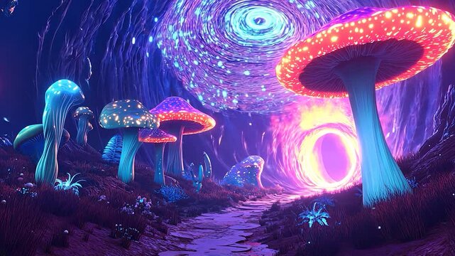floating eyes in colorful fractal space with spinning lights and cosmic textures in a colorful mushroom garden