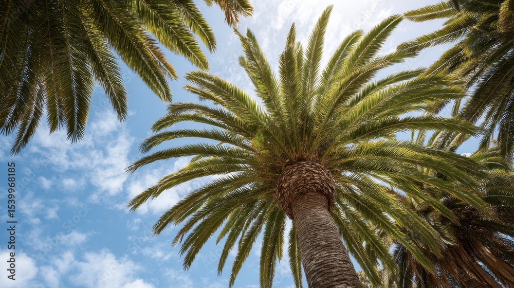 Poster closeup of lush palm tree trunk with expansive fanshaped leaves towering against a bright sunny sky,