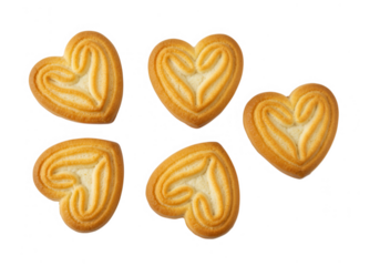 Five heart shaped cookies isolated on transparent background