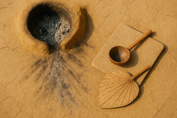 Ash-Fired Earthen Stove Pit with Wooden Ladle and Palm Leaf Fan on Clay Floor

