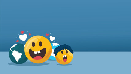 Two smiling emojis with hearts and world map background showing love