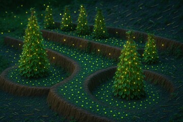 Firefly Terrace with Vine Trees and Glow Beads Illuminating Curved Planting Beds


