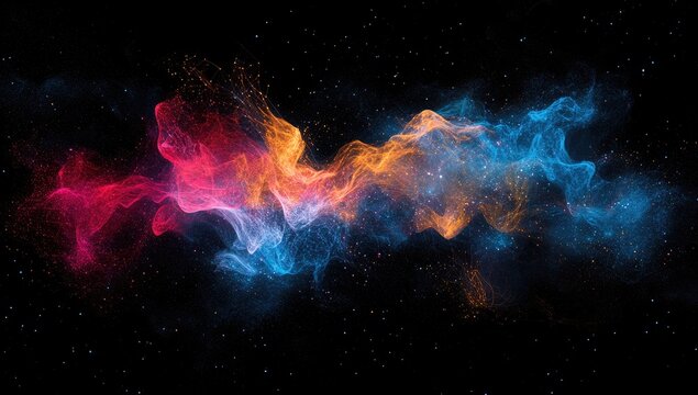 Abstract swirling nebula of red, orange, and blue particles against a black background with stars - Powered by Adobe