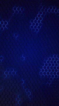 Futuristic hexagon wave. Dark cyberspace. Abstract wave dots line. White moving particles surface pattern, honeycomb. Blue abstract glowing sci-fi background. Hexagonal wall waves wit neon effect.
