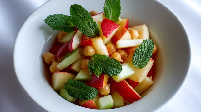 Colorful tunisienne salad bowl with fresh apple slices chickpeas and mint on white surface topdown view