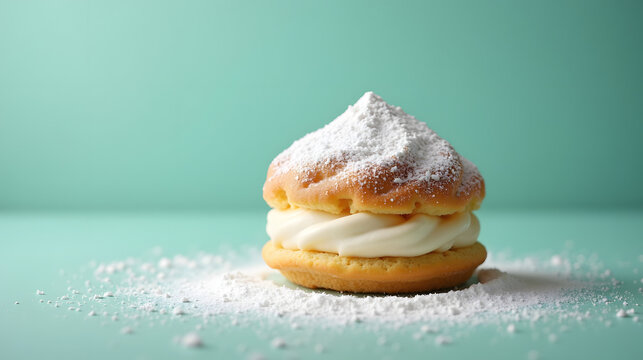 A cream puff with powdered sugar on a soft teal background.
