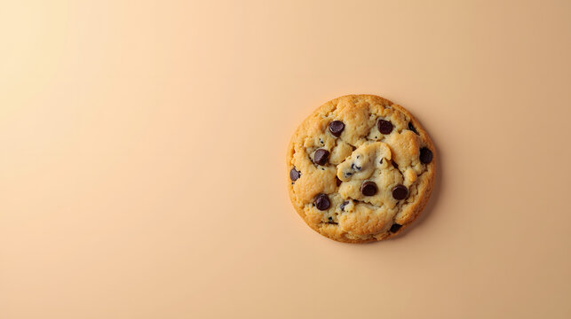 A cookie with chocolate chips on a soft tan background.
