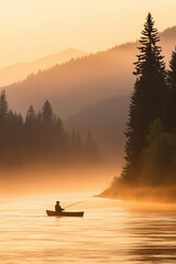 A Serene Morning Fisherman on a Misty Forest-Lined River