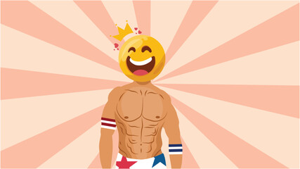 Smiling emoji with crown on a buff cartoon body over sunburst background