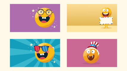 Fototapeta premium A 2x2 grid of different emoji characters with props and vibrant background squares