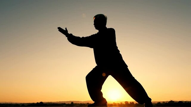 dramatic silhouette of senior asian man practicing tai chi at sunrise, with long, flowing movements against vibrant sky. martial arts, serenity, balance, lifelong wellness. healthy lifestyle
