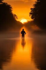Silhouetted Figure Fly Fishing in Misty River During Vibrant Sunset