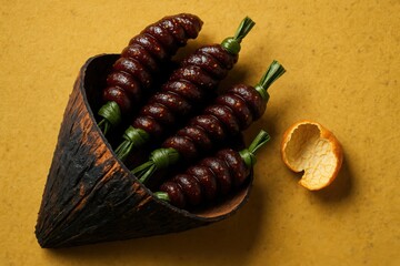 Tamarind Fritters Wrapped in Leaf Twists Served in Scorched Husk Cone on Yellow Background

