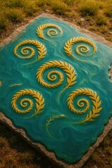 Green Resin Sheet with Grass Spirals Embedded in Swirling Summer Design

