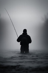 Man Fishing in Misty River at Early Dawn in Serene Ambiance