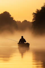 A Lone Fisherman Fishing On A Serene Misty River During Sunrise