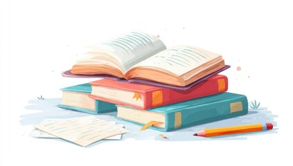 A stack of colorful books, one open, rests on a surface with papers and a pencil nearby, suggesting study or reading