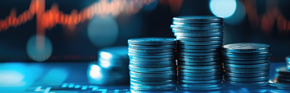 Stacks of coins against a blurred background of financial data - Powered by Adobe