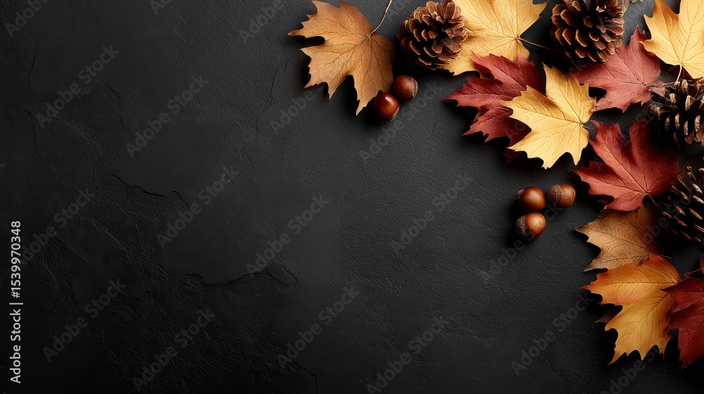 Poster vibrant autumn leaves pine cones and acorns on dark textured background with ample copy space for se