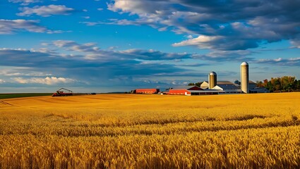 Fototapeta premium Golden wheat field and farm under blue cloudy sky