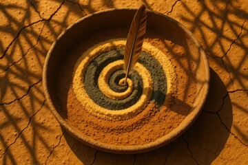 Earth Spiral with Upright Feather Centered in Clay Basin on Cracked Sunlit Floor

