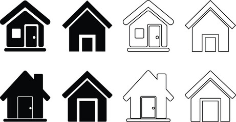 Collection of simple house icons representing real estate and property concepts in black and white